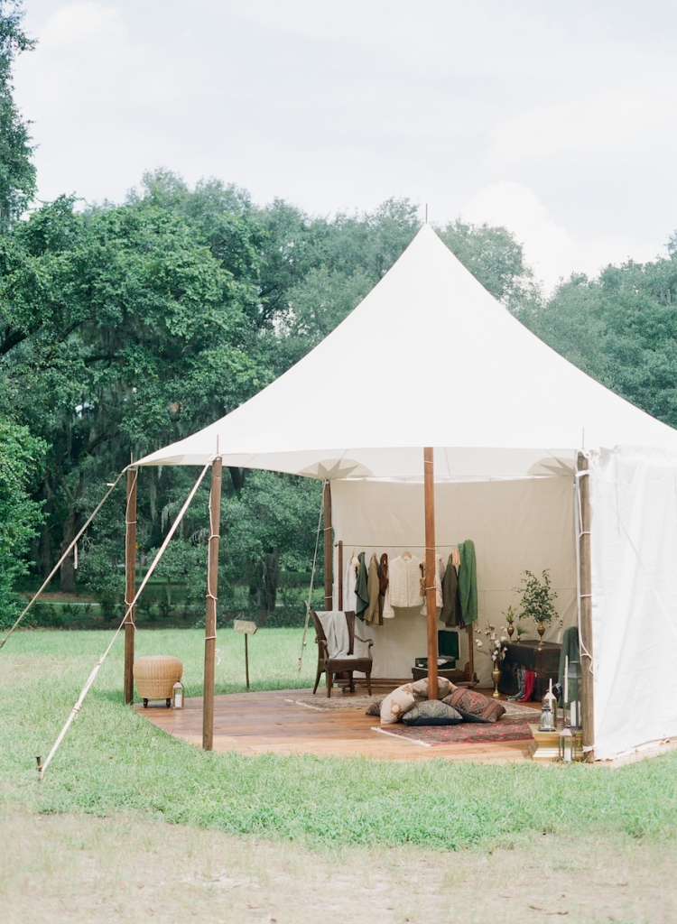 Decor and design by Yoj Events. Florals by Sara York Grimshaw Designs. Flooring and sailcloth tent from Snyder Events. Photograph by Corbin Gurkin at McLeod Plantation Historic Site.