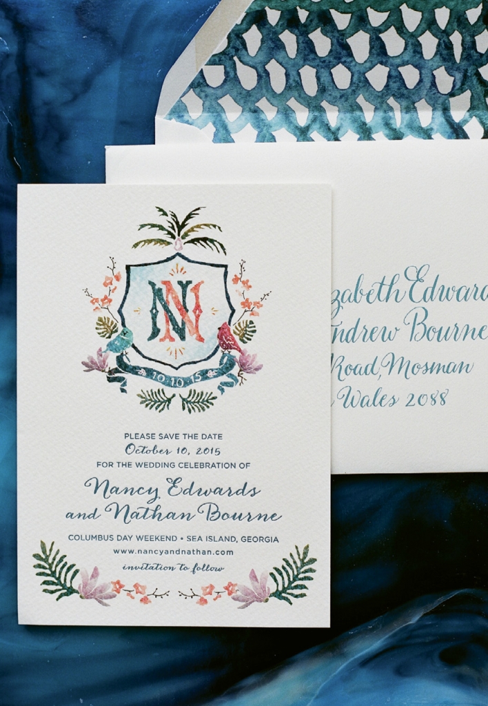 Holy City luxury stationers at Lettered Olive turned the watercolor herald made for this couple into wedding invitations.