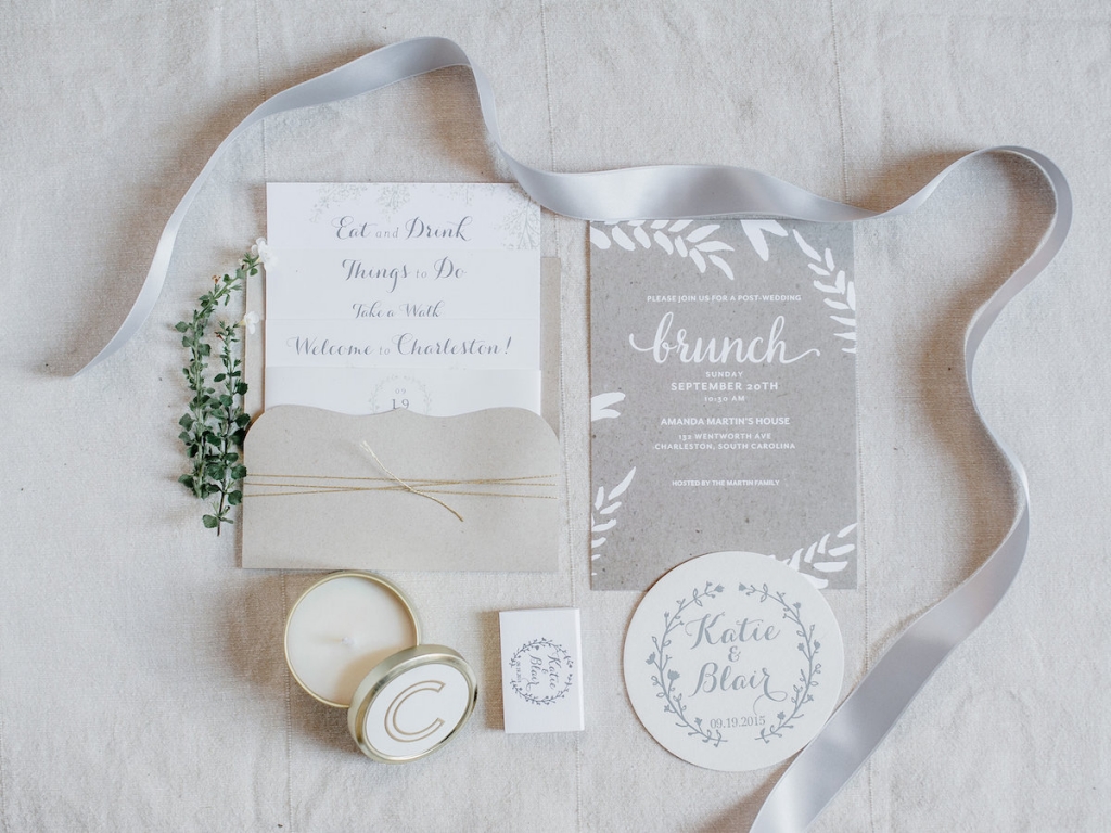 Stationery suite by Ruby the Fox. Welcome boxes by A Signature Welcome. Photograph by Brandon Lata.