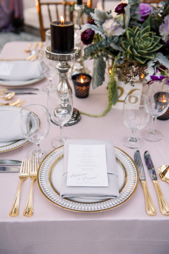 Wedding design by A Charleston Bride. China and stemware from Snyder Events. Linens from BBJ Linens. Florals by Stems Floral Design by Jonie Larosee. Image by Timwill Photography.