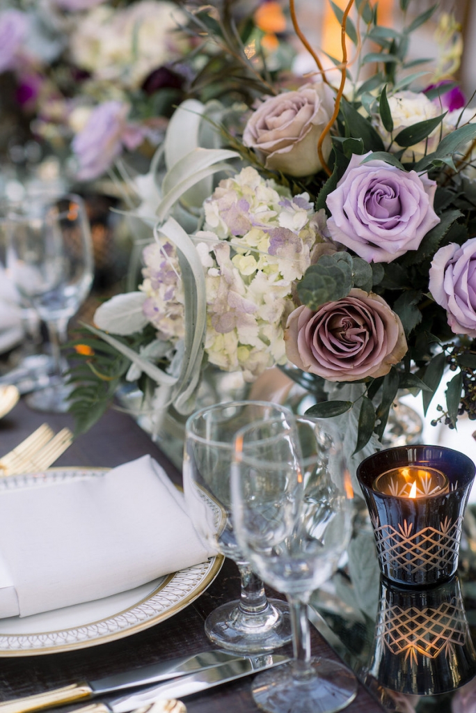 China and stemware from Snyder Events. Florals by Stems Floral Design by Jonie Larosee. Image by Timwill Photography.
