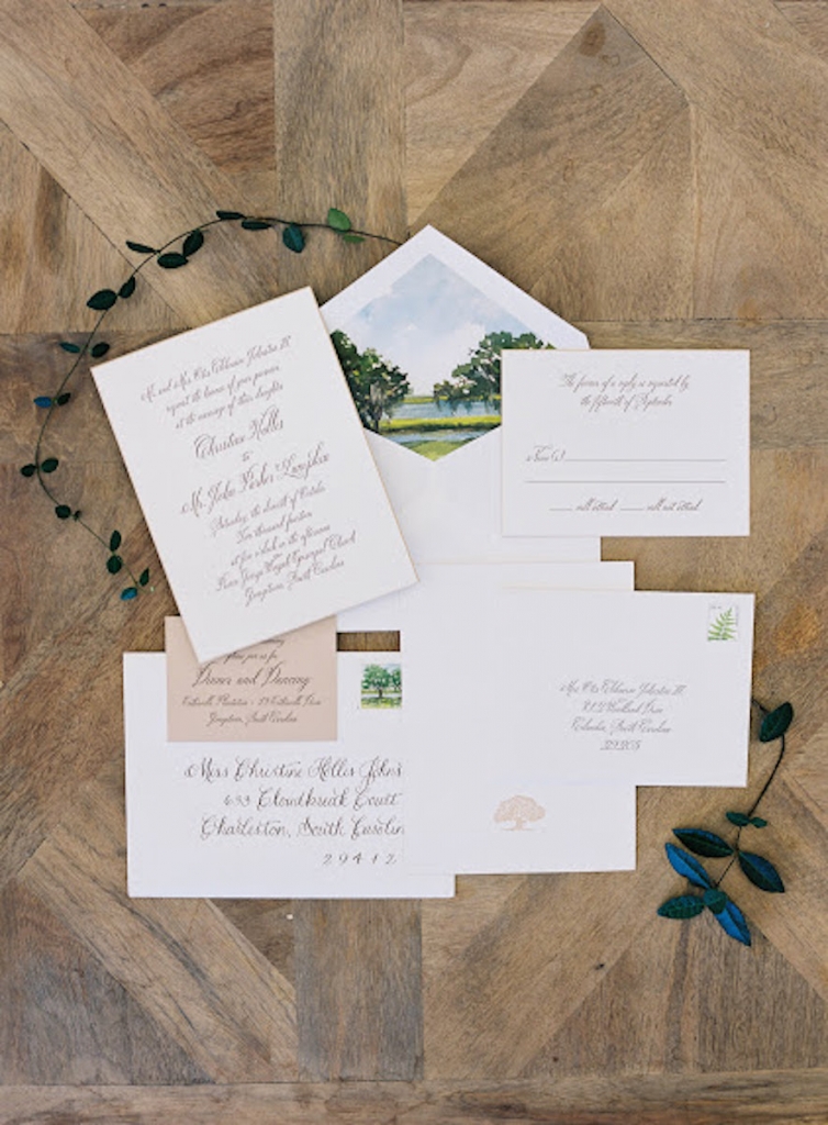 John’s family property graced the watercolored invitation suite.  Stationery by Cheree Berry Paper. Photograph by Tec Petaja.