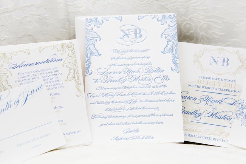 TO THE LETTER: The couple’s monogram was printed in blue and embellished with khaki flourishes on this stationery suite from Scotti Cline Designs.