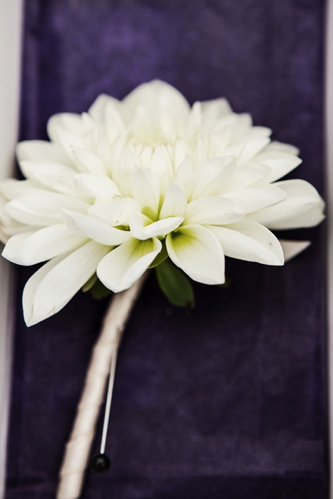 KEEP IT SIMPLE: A single, showpiece dahlia tied with ribbon can make a stunning boutonniere.