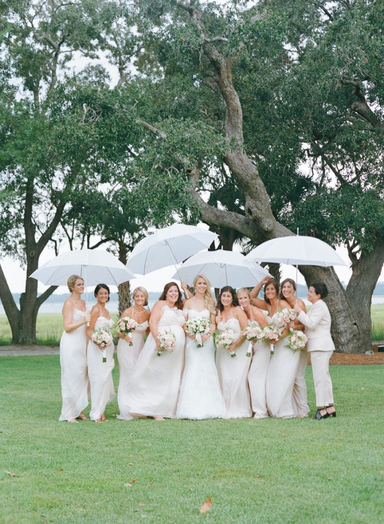 Bride&#039;s gown by Monique Lhuillier, available in Charleston through Maddison Row. Bridesmaid gowns by Amsale, available in Charleston through Bella Bridesmaids. Bridesmaid&#039;s suit by BCBG. Photograph by Elizabeth Messina at Lowndes Grove Plantation.