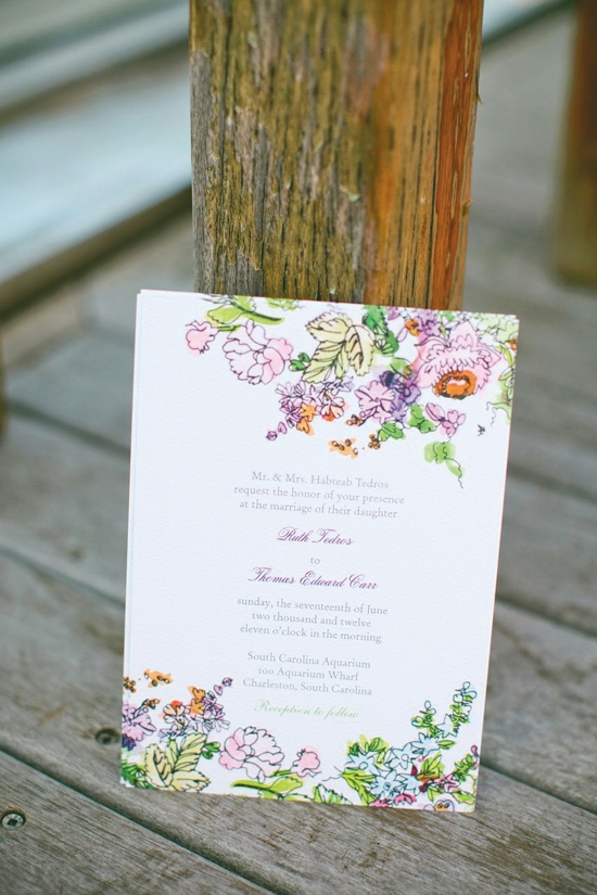 FLORAL &amp; FESTIVE: Thomas’s sister, wedding designer Heather Carr, designed a bright and cheerful stationery suite for the couple’s invitations.