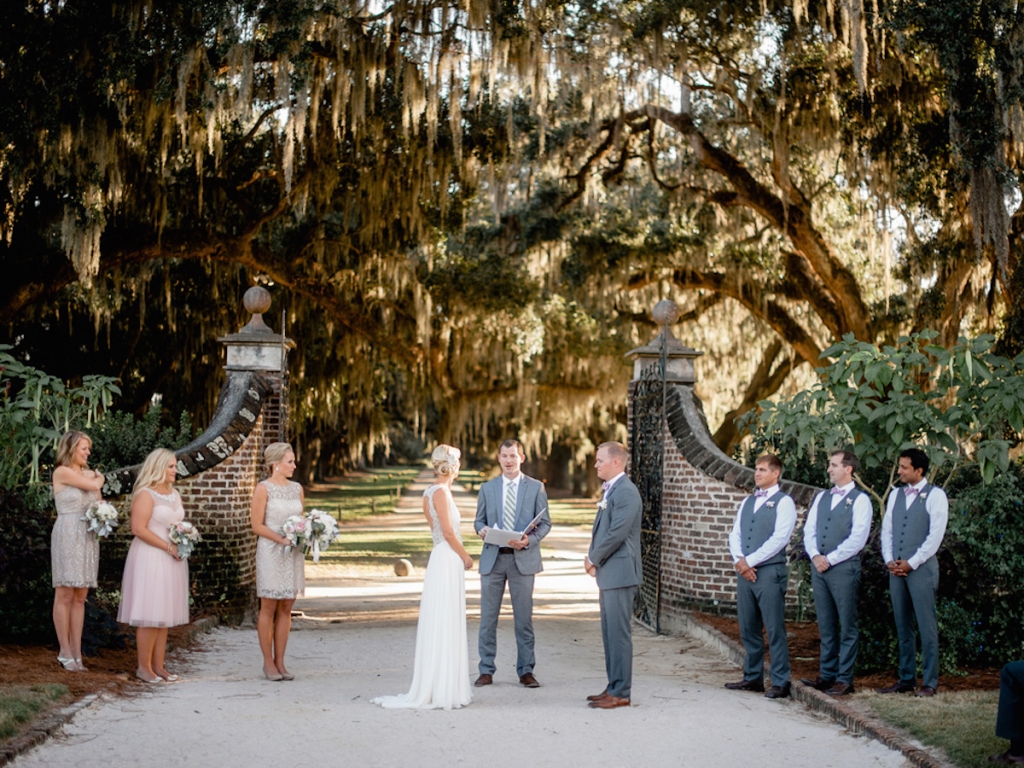 Bridesmaids’ dresses by Jenny Yoo (available locally through Bella Bridesmaids and Fabulous Frocks) and BHLDN. Menswear by Bonobos. Image by Brandon Lata Photography at Boone Hall Plantation and Cotton Dock.