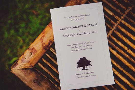 STUNNING STATIONERY: The couple’s ceremony programs, printed by Studio R Design, featured deep purple ink and a rustic emblem.