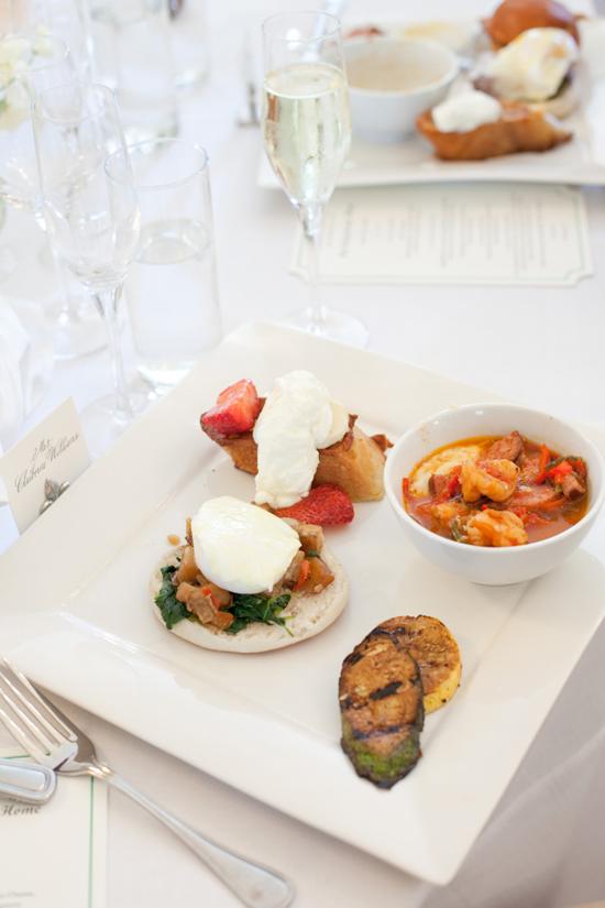NOON-FIT NOSH: Guests enjoyed a brunch buffet from Cru Catering. Offerings included maple and brown sugar-glazed ham, eggs benedict, and Lowcountry shrimp and grits (the bride’s favorite).