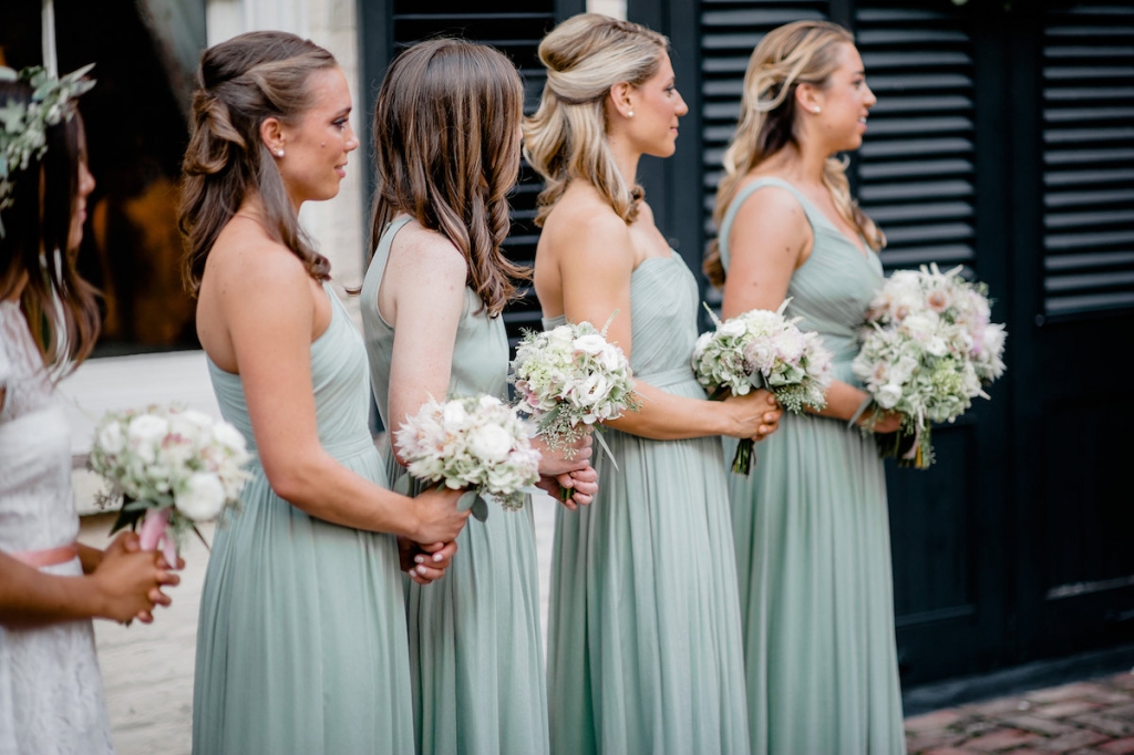 Bridesmaid gowns from J.Crew. Florals by Out of the Garden. Photograph by Brandon Lata at the William Aiken House.