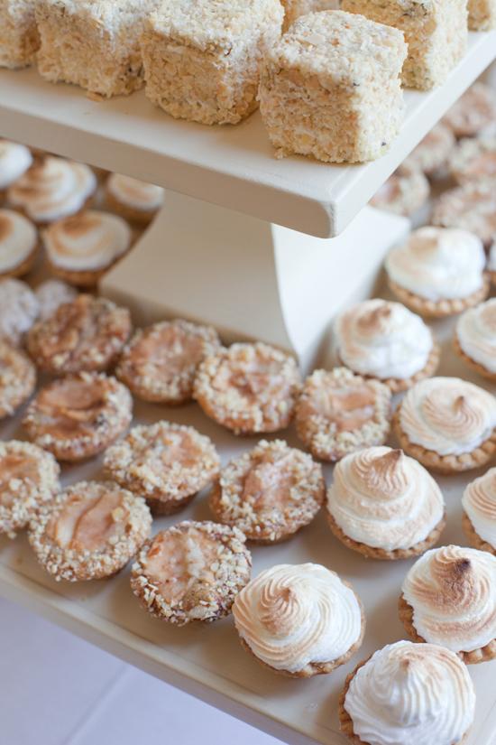 SOMETHING SWEET: The dessert spread (which complemented the reception’s color scheme) included coconut cream and key lime pies, lemon cakes, almond-butter cookies, and pear-almond tarts by Jim Smeal.