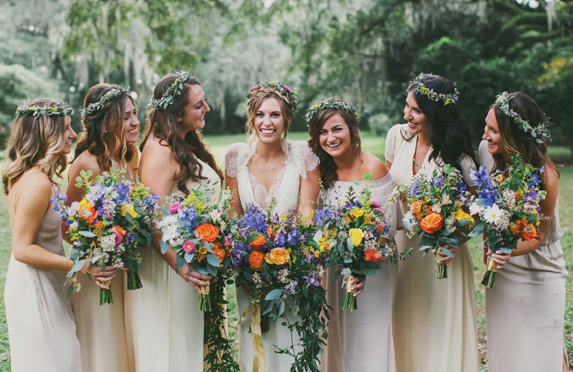 For the wedding party’s look, the gals’ bouquets were intended to stand out, so dresses were neutral and crowns subtle.