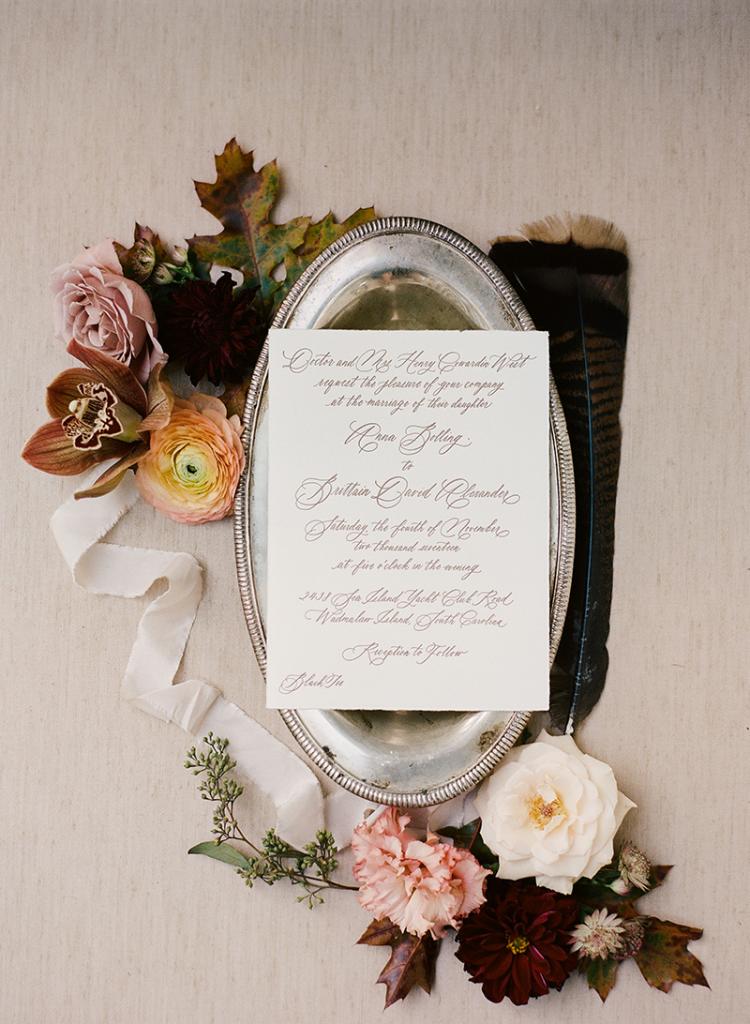 Invitations—chocolate brown calligraphy on handmade deckle edged paper—reflected the unassuming air of the fête and the tiny town of Rockville that hosted it.