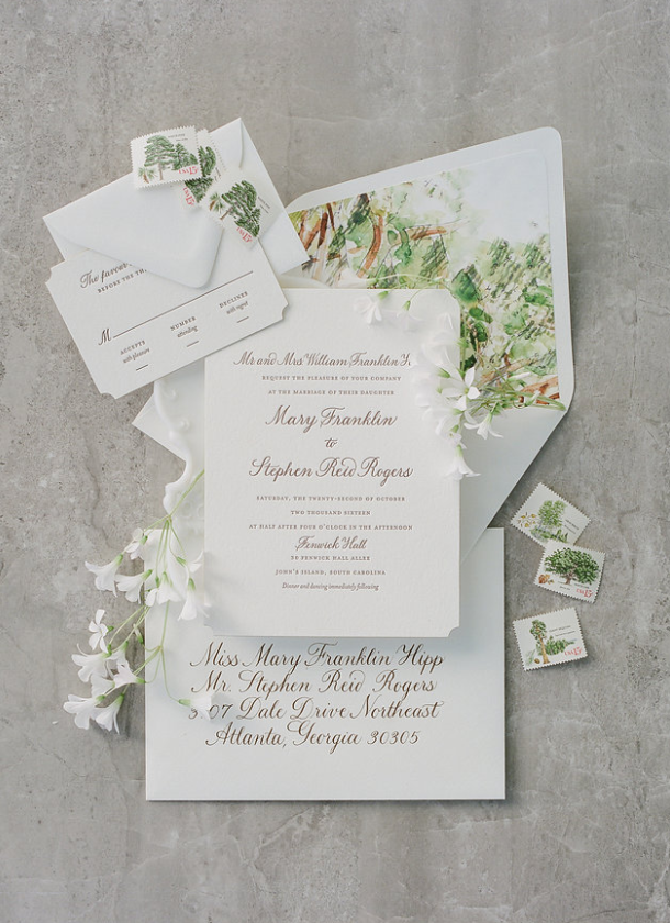 Remember envelope liners can add a burst of color. Watercolors evoking oaks and Spanish moss harkened the wedding site&#039;s landscape.
