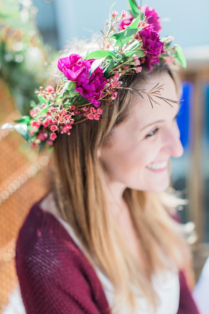 The bride wearing her flower crown.