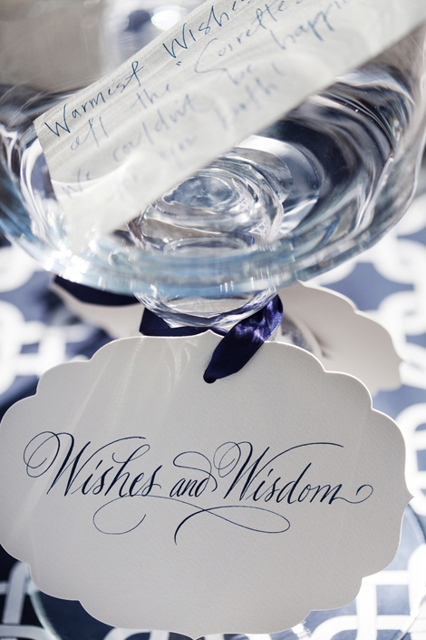 PERFECT PENMANSHIP: Elizabeth Porcher Jones Calligraphy penned tags like this well-wish one, and seat assignments for each guests, too, all in the same blue that ran throughout the entire event.