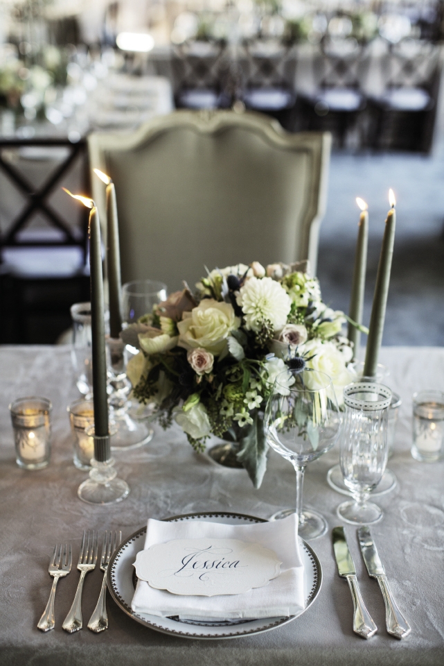 TABLE TALK: Gray suede tablecloths gave a sense of warmth to the chilly night, while gold and silver accents added a hint of sparkle.