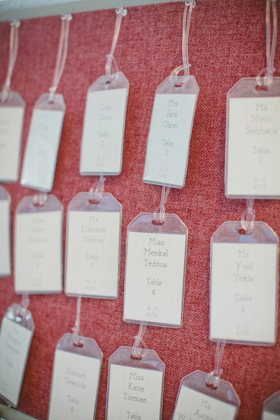 BAGGAGE CLAIM: Handmade luggage tags—featuring the guests’ names and maps of the bride and groom’s hometowns—doubled as table assignments and party favors.