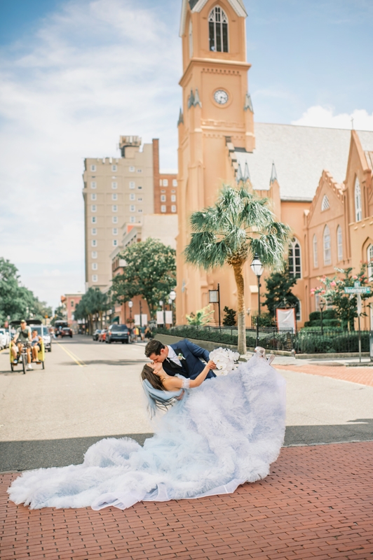 Alana Corrado was drawn to the idea of wearing color for her September nuptials to Joseph Martignetti, and after trying on a few dresses, immediately knew this Ines Di Santo gown (paired with Miu Miu platforms) was the one.