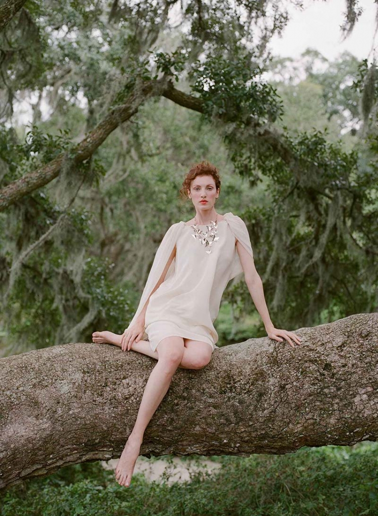 Dolly Pearl’s “Reese” cape silk charmeuse dress from Bella Bridesmaid. Efva Attling’s sterling silver butterfly necklace from Gwynn’s of  Mount Pleasant.   &lt;i&gt;Photograph by Corbin Gurkin&lt;/i&gt;