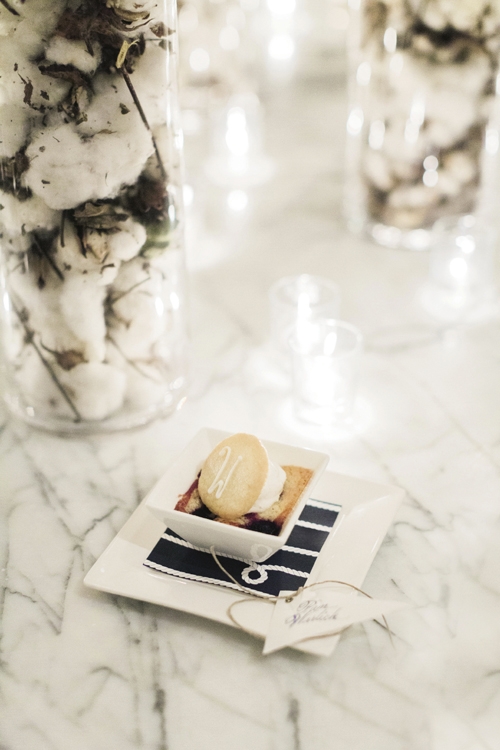 WHAT KNOT: Paper liners with sailor knots, maritime flag-shaped tags, and monogrammed “Ws” dressed desserts.