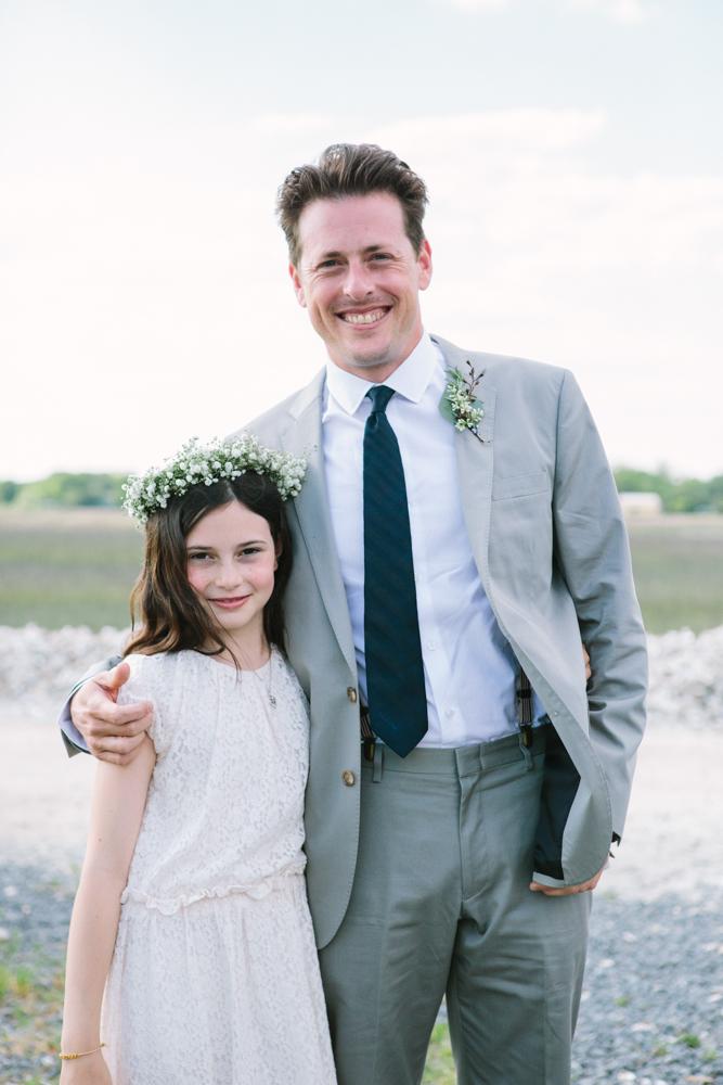 Menswear from J.Crew. Flower girl’s dress from personal wardrobe. Image by Susan Dean Photography at Bowens Island Restaurant.