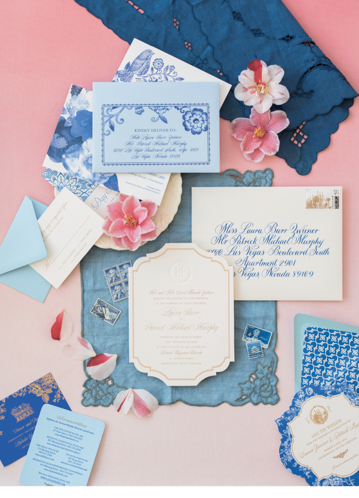 There’s so much to love about this Lettered Olive stationery suite, from the die-cut card stock to the save-the-dates bordered in a pattern lifted from china used at the reception.  (Photo by Corbin Gurkin)