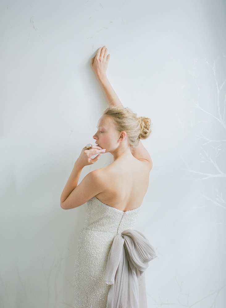 Carol Hannah’s “Alyxia” sequined gown with pleated organza bowed train in wisteria from Southern Protocol Bridal. Claudia Labao’s white druzy and wood ring from Out of Hand. &lt;i&gt;Photograph by Corbin Gurkin&lt;/i&gt;