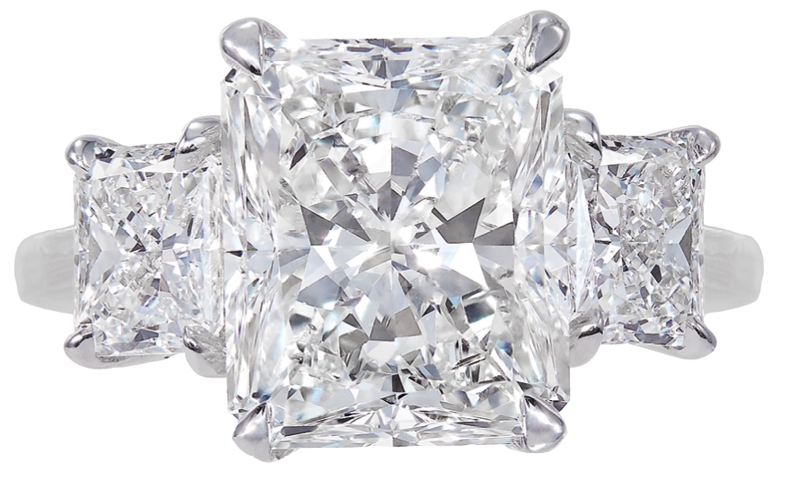 Three-stone radiantcut diamond ring (6.60 carats total) set in white gold (price upon request) from Diamonds Direct