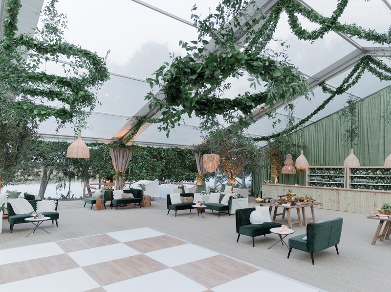 The Soirée team brought Michael and Lizzy’s vision of a lush, ethereal event to life in grand greenery installations and subtle pops of mauve that matched the natural surroundings.
