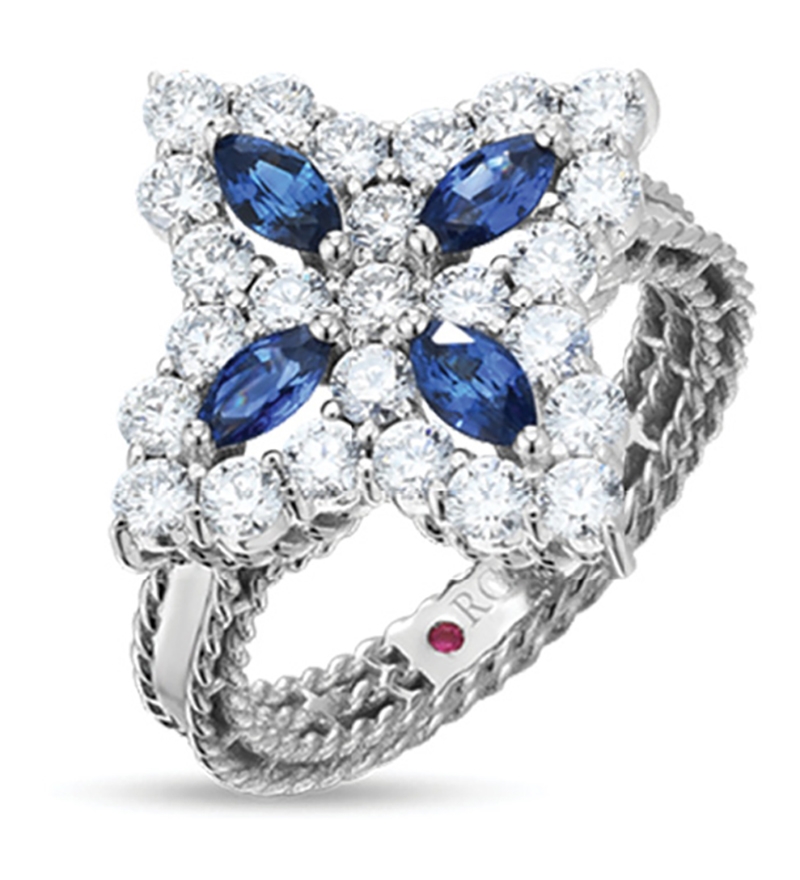 Roberto Coin diamond and sapphire flower 18K ring ($6,000) from M.P. Demetre Jewelers