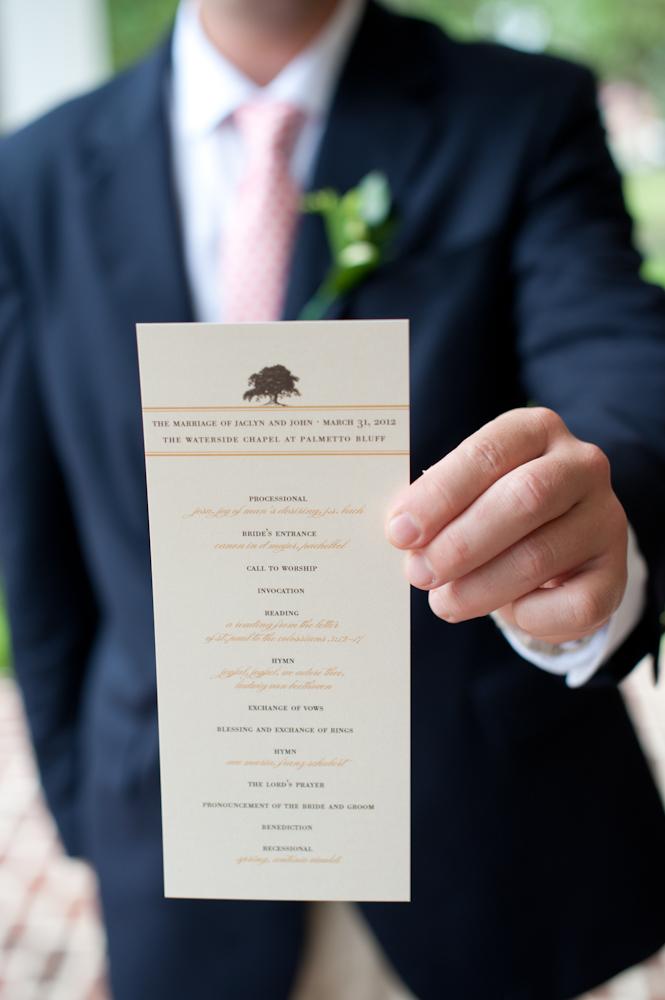 STAMP OF APPROVAL: Ceremony programs by stationer Lettered Olive were capped with an emblem of an ancient oak.