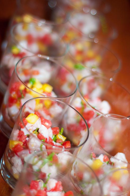 FESTIVE FARE: Served in clear glasses, the ceviche’s vibrant hues sprinkled the supper spread with color.