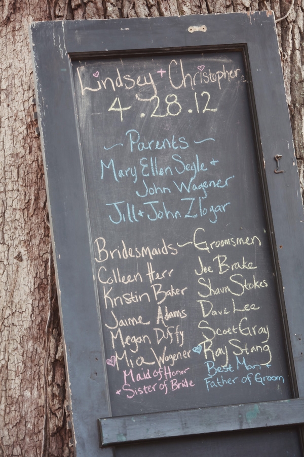 CHALK ART: Blue Planet Green Events repurposed an old shutter as chalkboard signage for the ceremony.