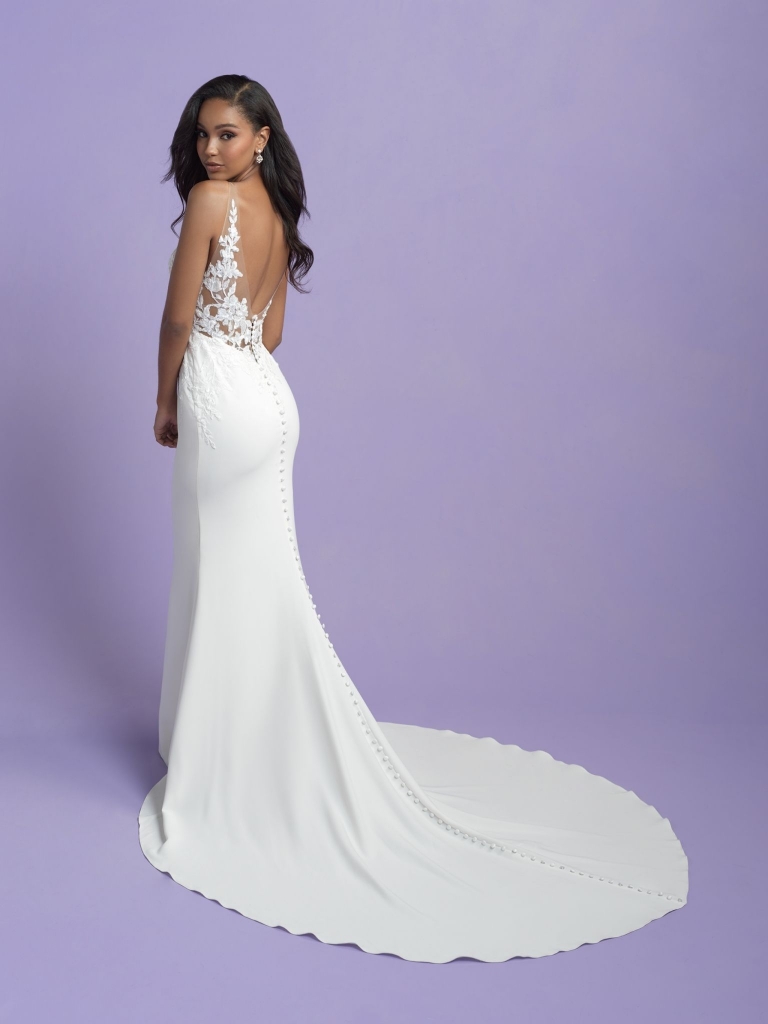 CRISP &amp; LIGHT - Allure Bridal’s style 3403 Why We Love It “This sexy crepe gown has the prettiest illusion-back detailing.”   –Jean Wellmon,  Jean’s Bridal