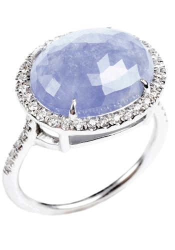 BABY BLUE: 18K white gold ring with 8.71 ct.  sapphire and accent diamonds (.23 total ct.) Croghan’s Jewel Box, $2,800