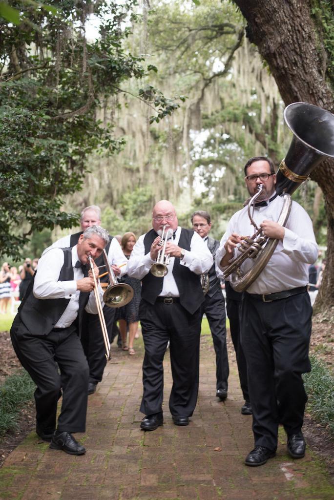 Second-line music by The River City Dixieland Band. Photograph by Marni Rothschild Pictures at the Legare Waring House.