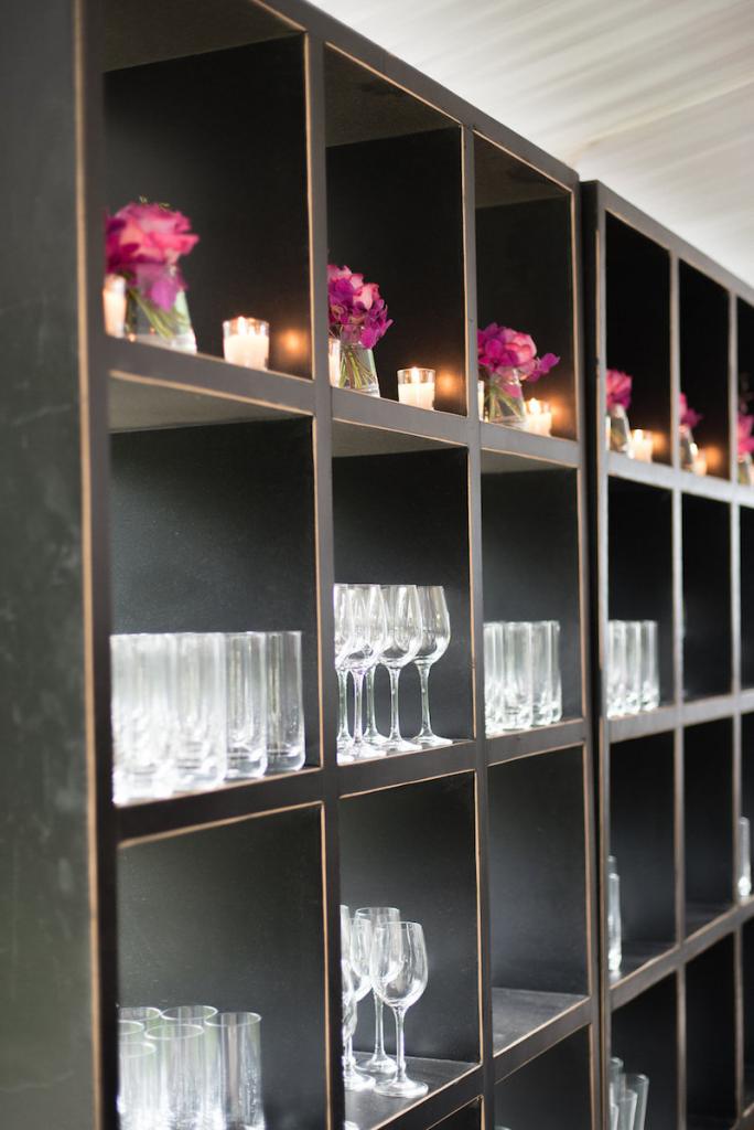 Shelving from Snyder Event Rentals. Photograph by Marni Rothschild Pictures.