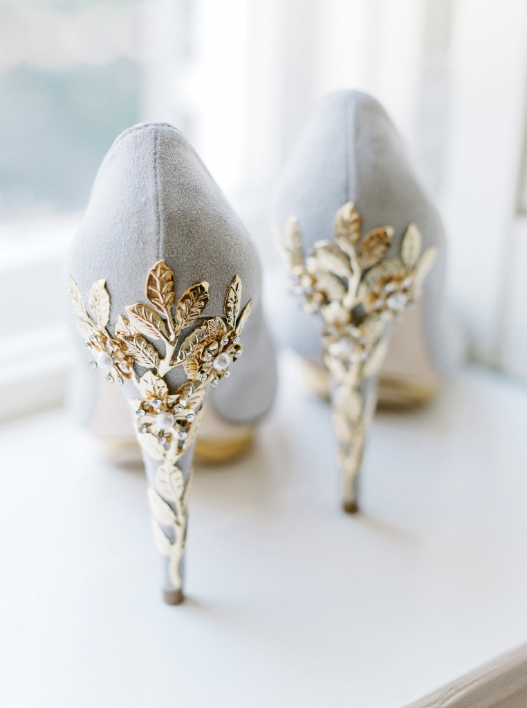 The bride wore statement shoes designed by Harriet Wilde to add a touch of glam to her wedding day look. (Photo by Aaron &amp; Jillian Photography)