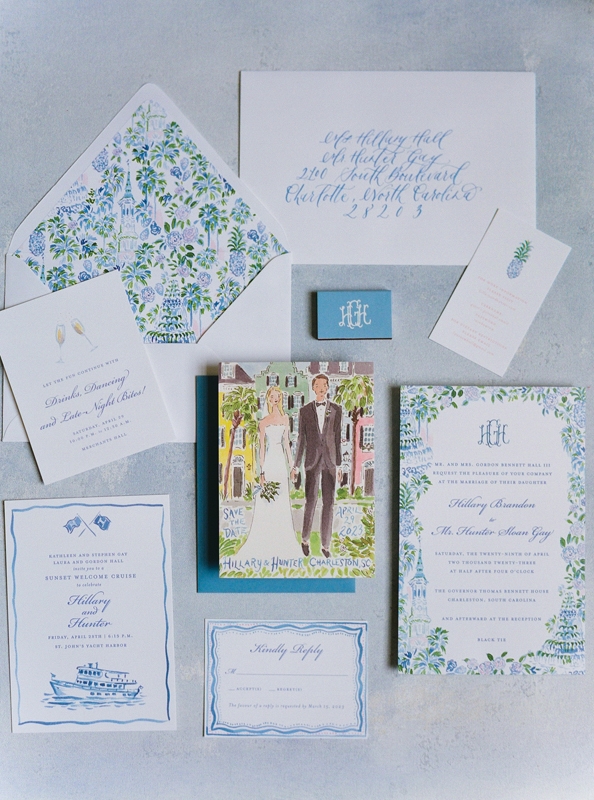 “The invitations set the tone for the whole weekend,” says planner and mother of the bride Laura Hall. The couple’s suite included a drawing of the couple and design by Page Spearin and calligraphy by J Lily Design.