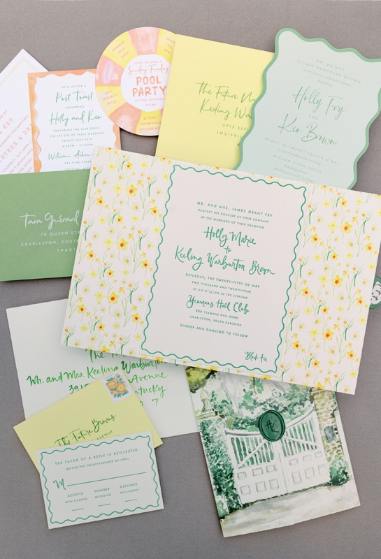 Cheery yellow and soft green imbued many of the day’s elements, starting with Lettered Olive’s daintily dressed invitation suite.