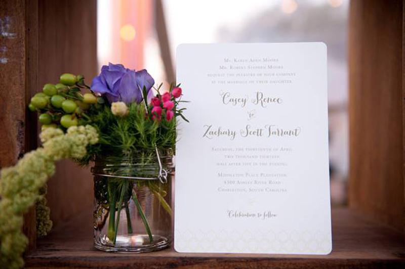 Stationery by Studio R. Event design and florals by A Charleston Bride. Image by Timwill Photography.