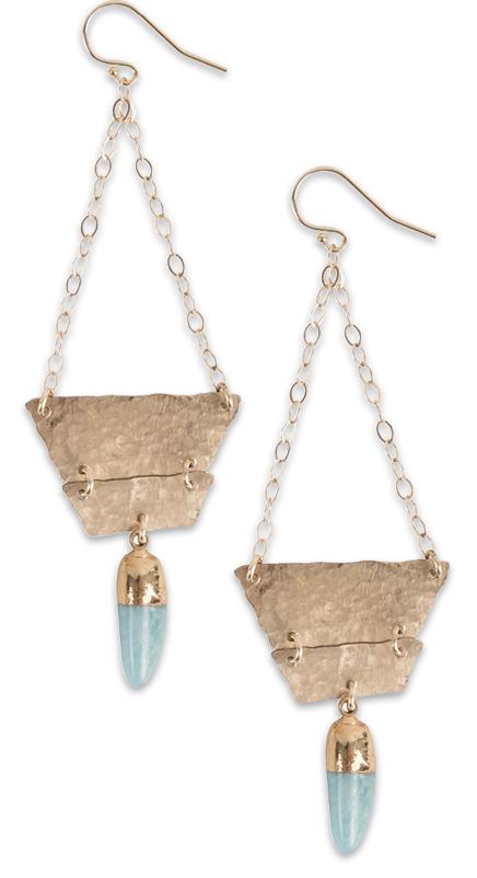 What: “Elixir” 14K gold-fill and Amazonite earrings ($159) Where: Barracuda Moon Jewelry