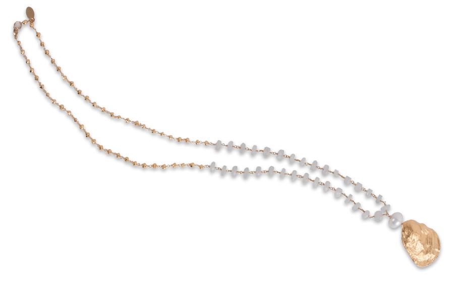 What: “Charleston Oyster Necklace” with Brittanium shell charm and freshwater pearls on a 21-inch gold-fill chain ($98) Where: Hermosa Jewelry