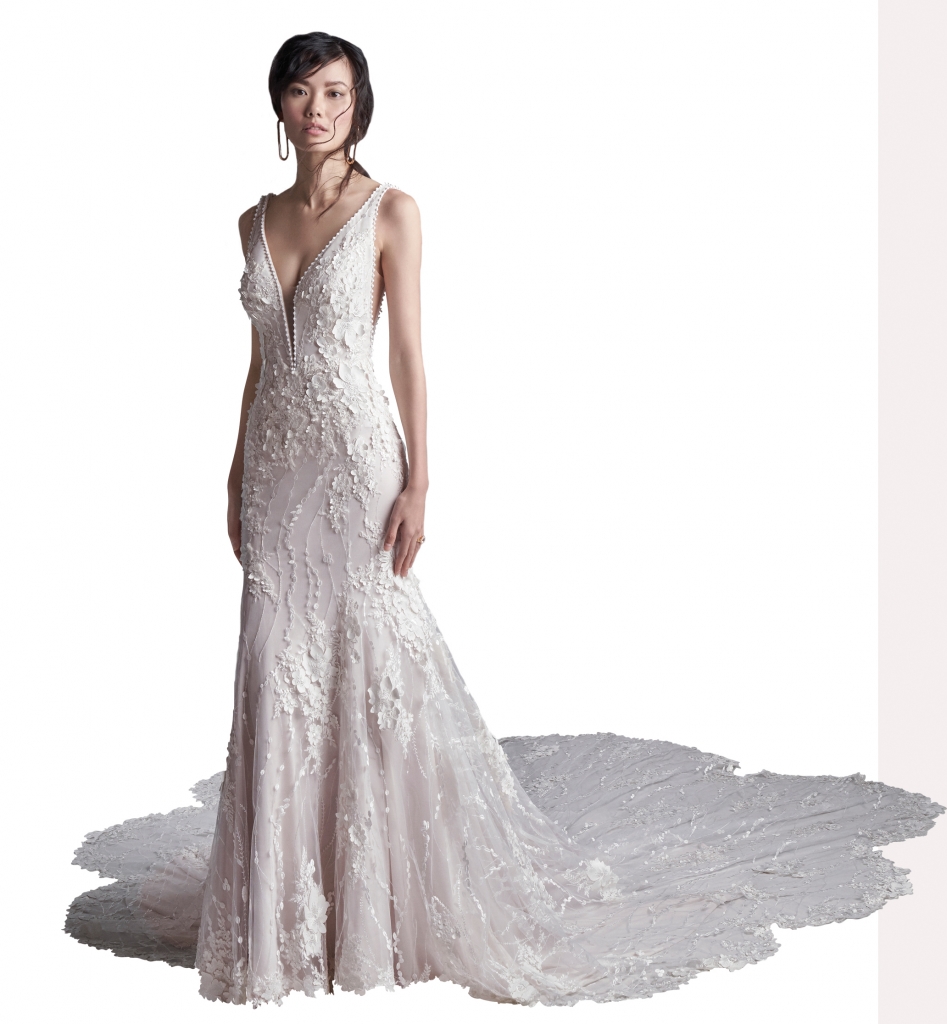 LACE NOVEAU - “Cruz” vintage lace mermaid gown by  Sottero and Midgley Why We Love It “We are loving everything 3D floral right now. It’s a fresh take  on classic lace and looks very couture.”   –Jessica Kiss, Verità.  A Bridal Boutique