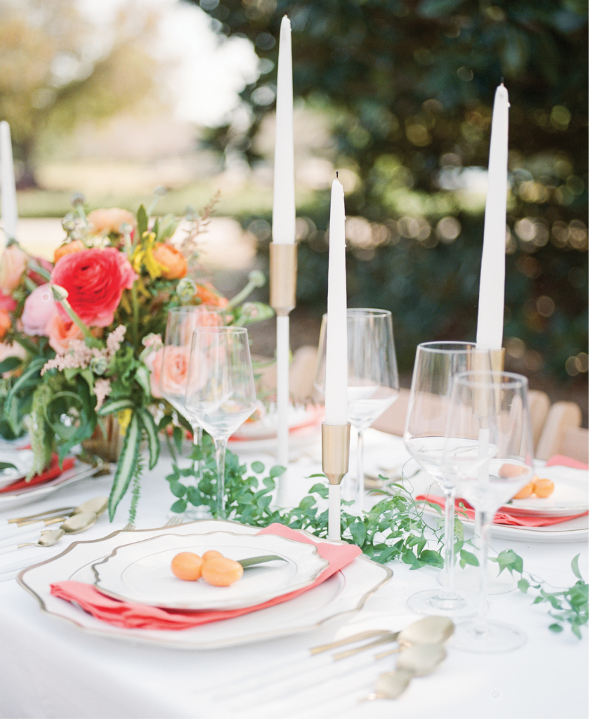 Stay Fresh - If you’re marrying in the height of summer, choose heartier organics like ranunculus (used in the bouquet and on tables), vines like smilax (seen here as a table runner), and citrus fruits like kumquats, lemons, and oranges to ensure they hold up in soaring temps.     &lt;i&gt;Photography Alex Thorton&lt;/i&gt;