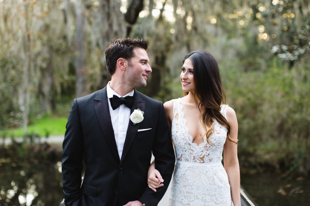 Menswear by Dolce &amp; Gabbana. Bride’s gown by Inbal Dror. Hair by Swish. Makeup by Ooh! Beautiful. Image by Clay Austin Photography at Magnolia Plantation &amp; Gardens.