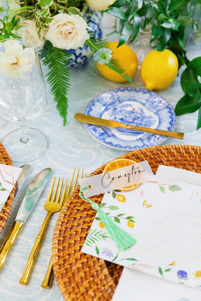 Wedding planner Intrigue Designs cultivated a sense of Southern garden party charm with toile and chinoiserie-inspired colors, patterns, and textures.