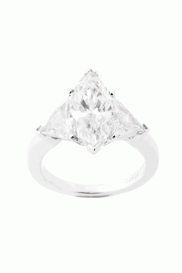 THREE TIMES THE CHARM: Platinum ring with 2.81 ct. marquise-cut center diamond flanked with two trillion-cut diamonds (1.62 total cts.) Skatell’s, $40,815