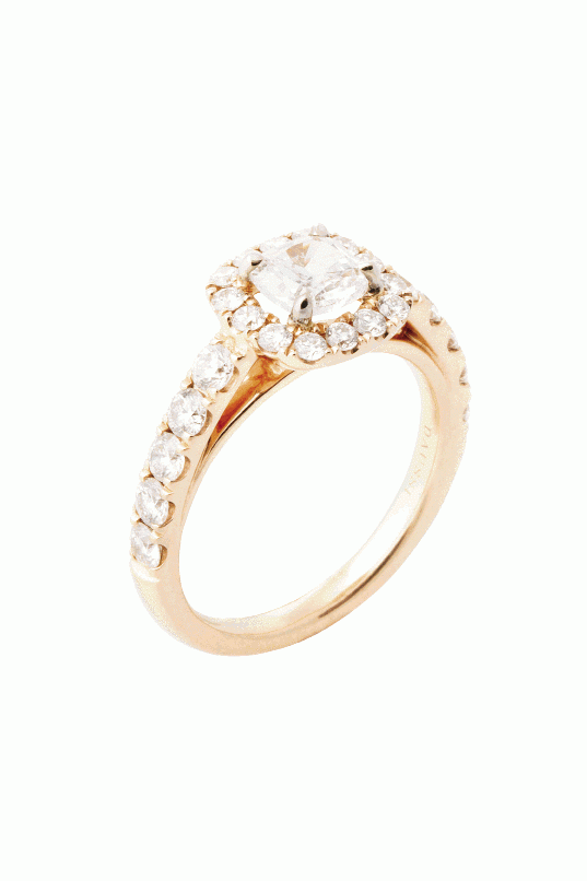 RISE TO THE  OCCASION: 14K rose gold  ring with .7 ct. cushion-cut center diamond accented by pavé diamonds  (.97 total cts.) Croghan’s Jewel Box, $7,250